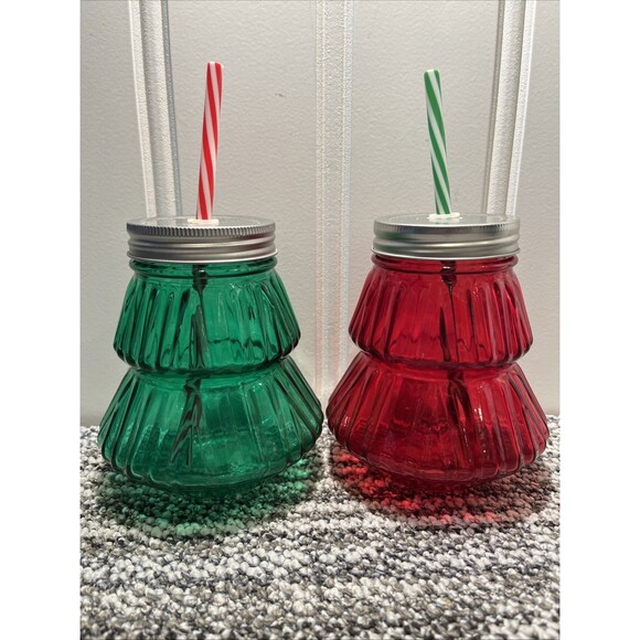 Set of 2 Holiday Time 22.5oz Red & Green Christmas Tree Beverage Sipper & Straw - Picture 1 of 8